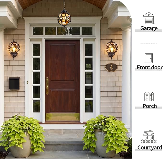 Black Globe Outdoor Wall Lights, Round Exterior Wall Sconce for Patio, Porch, Garage, Anti-Rust Aluminum Wall Mount Lighting Fixture, Classic Wall Lantern with Ornate Cage & Amber Glass, E26 Base