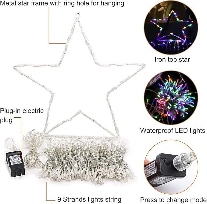 (New) Outdoor Christmas Lights, Christmas Decorations, 320 LED String Lights with 12" Star Topper, 8 Light Modes Waterproof for Outdoor Christmas Tree, New Year, Yard, Holiday Decor (Multicolor)