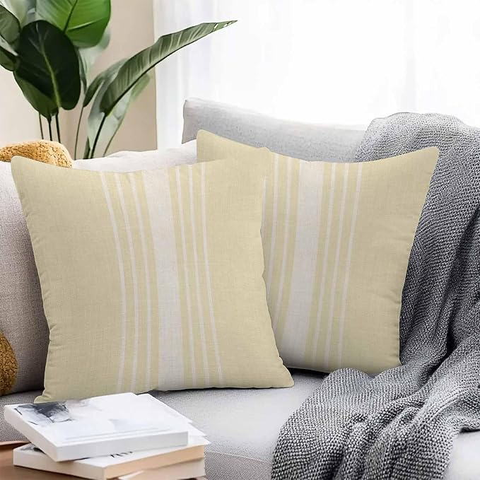 Throw Pillow Covers 18x18 Inch Set of 2, Cream Beige Striped Waterproof Outdoor Cushion Covers, Modern Farmhouse Retro Lines Decorative Pillowcases for Couch, Sofa, Bed, Garden, Patio