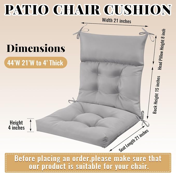 Sintuff 4 Pcs 44 x 21 x 4 Outdoor Chair Cushion Patio Chair Cushions Seat/Back Tufted Pillow with Ties Water Resistant Replacement Indoor Patio Furniture Outdoor Furniture (Solid Color,Light Gray)