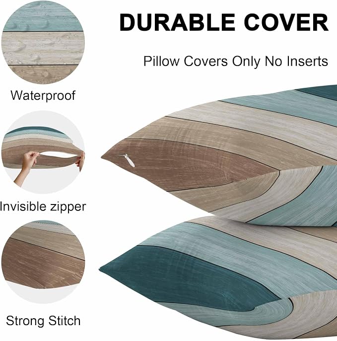 Vandarllin Outdoor Throw Pillow Covers 24X24 Set of 2 Waterproof Teal Blue Brown Decorative Zippered Cushion Covers for Patio Furniture, Farmhouse Retro Rustic Barn Wood Texture Lumbar Pillowcases