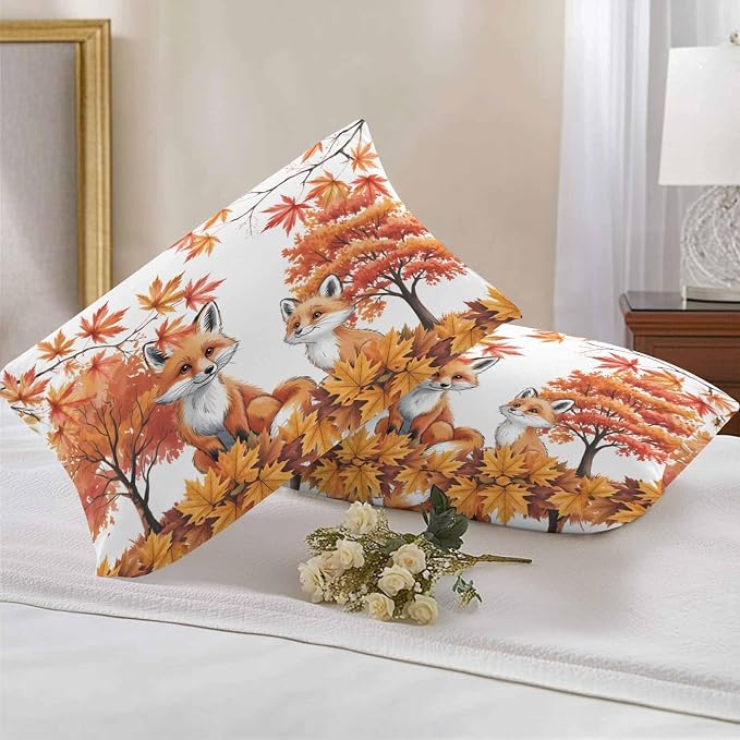 Orange Fox Outdoor Waterproof Pillow Covers, Thanksgiving Maple Leaves Autumn Trees Decorative Rectangle Throw Pillowcase Sofa Cushion Sham for Patio/Couch/Chair, 20"x12" 2 Pack