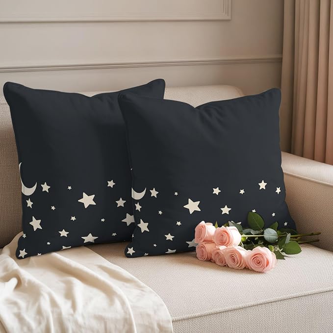 Stars Moon Waterproof Outdoor Pillow Covers Set of 2 Home Decor, Starry Night Black Pillowcase Patio Pillow Covers for Couch Bench Patio Furniture Garden 26x26in