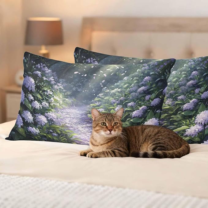Purple Floral Outdoor Waterproof Throw Pillow Covers Set of 2, 20"x12", Spring Landscape Scenery Nature Decorative Pillow Covers Outside Cushion Case for Patio Porch Garden