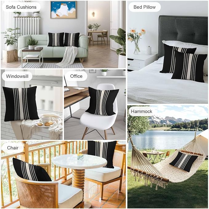 Throw Pillow Covers 16x16 Inch Set of 2, Black Beige Striped Waterproof Outdoor Cushion Covers, Modern Farmhouse Retro Lines Decorative Pillowcases for Couch, Sofa, Bed, Garden, Patio