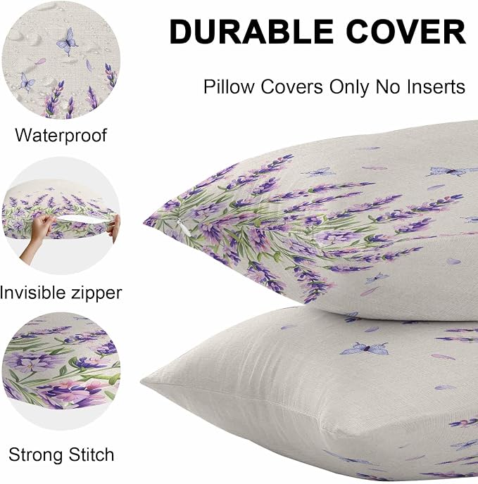 Vandarllin Outdoor Throw Pillows Covers 26x26 inch Set of 2 Waterproof Purple Lavender Flower Decorative Zippered Cushion Covers for Patio Furniture, Butterfly Floral Linen Lumbar Pillowcases