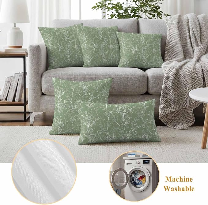 Sage Green Branches Waterproof Outdoor Pillow Covers Set of 2 Home Decor, Abstract Art Leaves Plant Pillowcase Patio Pillow Covers for Couch Bench Patio Furniture Garden 26x26in