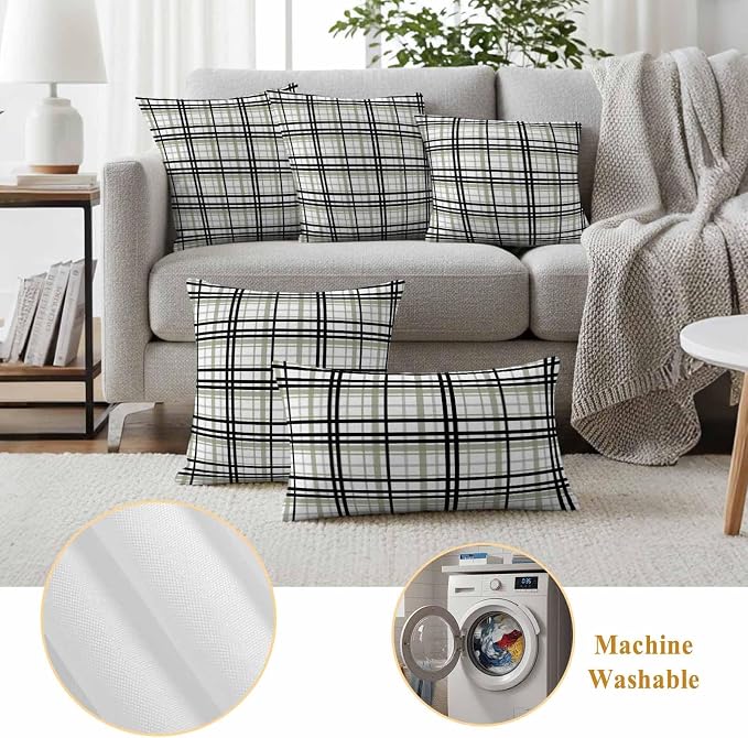 Abstract Stripes Outdoor Pillow Covers Set of 2 Sage Green Black Grey Plaid Waterproof Throw Pillow Cover Decorative Cushion Cases for Patio Porch Garden 20X20 Inch