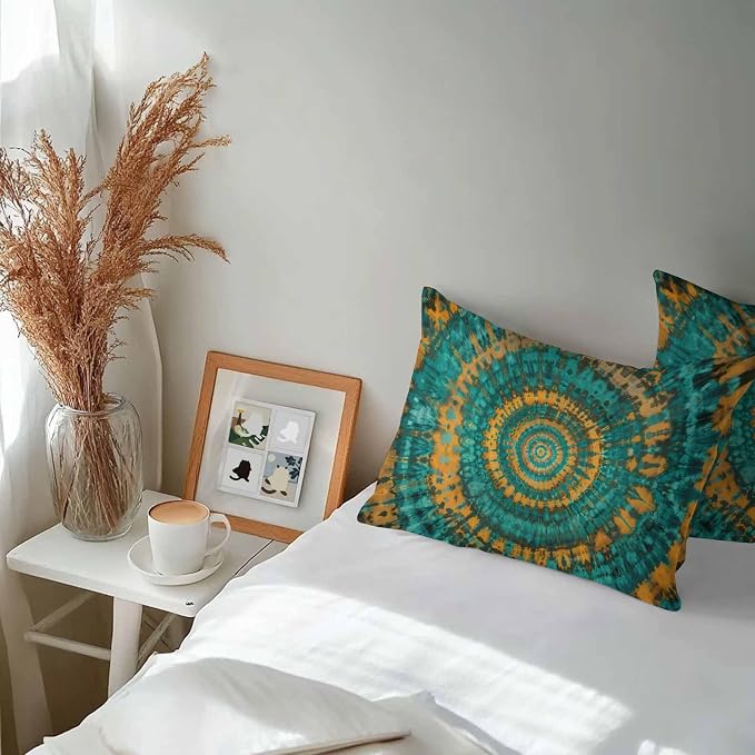 Vandarllin Outdoor Throw Pillows Covers 20x12 inch Set of 2 Waterproof Turquoise Yellow Tie-Dye Art Decorative Zippered Cushion Covers for Patio Furniture, Abstract Boho Tribe Lumbar Pillowcases