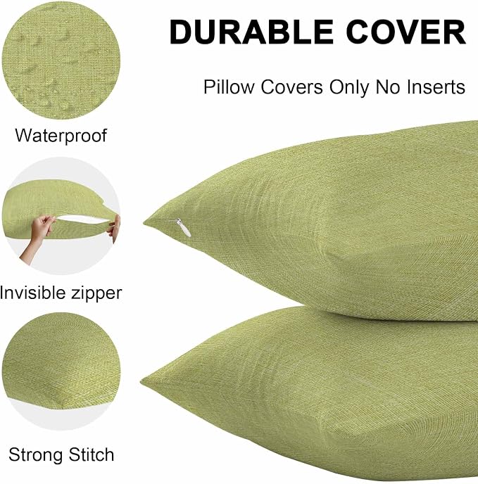 Vandarllin Outdoor Throw Pillows Covers 24x24 inch Set of 2 Waterproof Fruit Green Linen Decorative Zippered Cushion Covers for Patio Furniture, Farmhouse Pure Color Lumbar Pillowcases