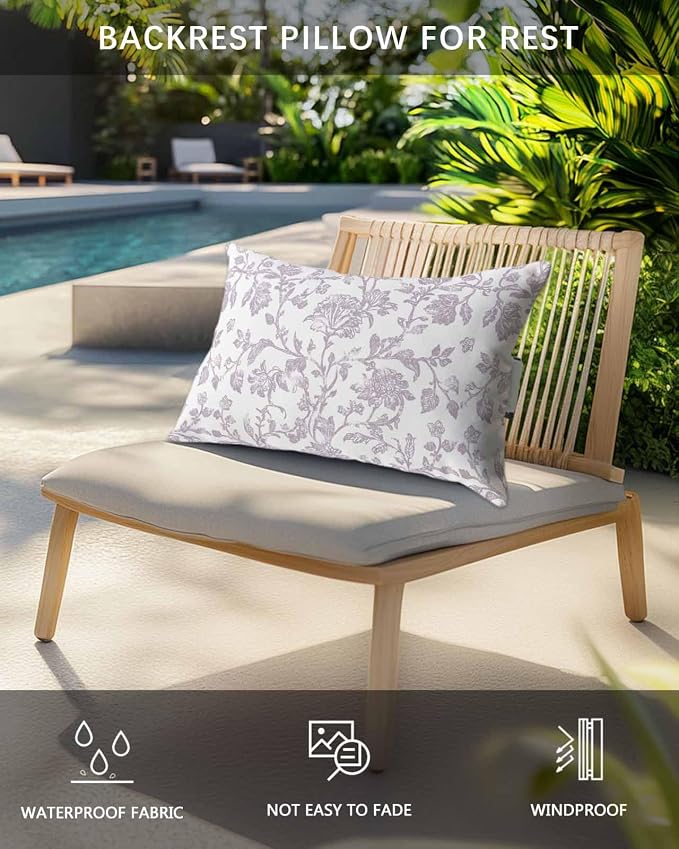 Pack of 2 Outdoor Lumbar Pillow Covers 11x16 Inch, Spring Flower Waterproof Throw Pillow Covers Set, Vintage Farmhouse Light Purple Boho Leaf Indoor&Outdoor Cushion Cases for Patio Porch Beach