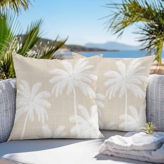 Outdoor Pillow Covers 16x16 Inch Set of 2, Beige Palm Trees Waterproof Throw Pillow Covers, Farmhouse Tropical Summer Beach Decorative Cushion Pillowcases for Couch, Sofa, Bed, Garden, Patio