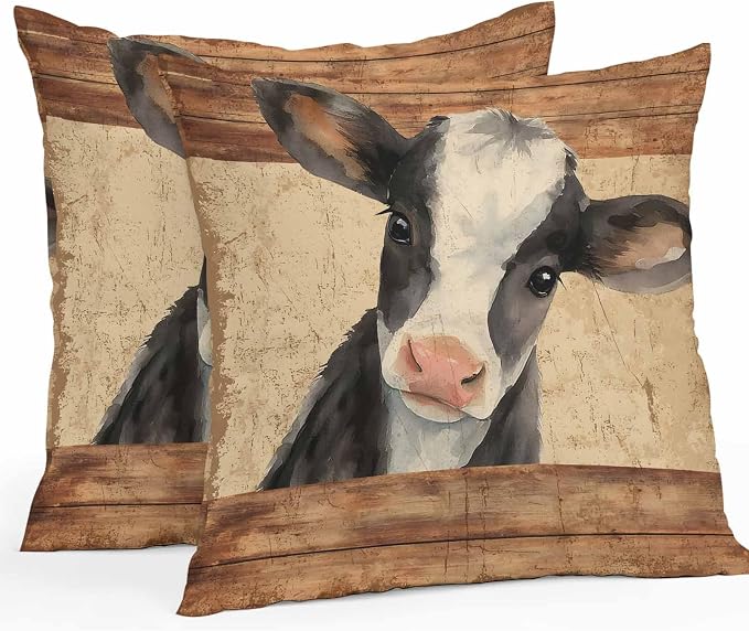 Farmhouse Cow Outdoor Pillow Covers 26x26 Inch Throw Pillow Covers Set of 2 Waterproof Decorative Pillow Cases Country Vintage Animals Wooden Grain Cushion Covers for Patio Furniture Garden Couch Sofa