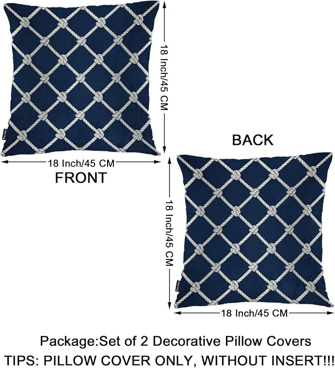 Swono Nautical Rope Throw Pillow Cases Pack of 2, Marine Fishing Net Knots Square Cushion Covers Decor Pillow Covers for Couch Sofa Home Decoration 18 X 18 Inches Pillowcases