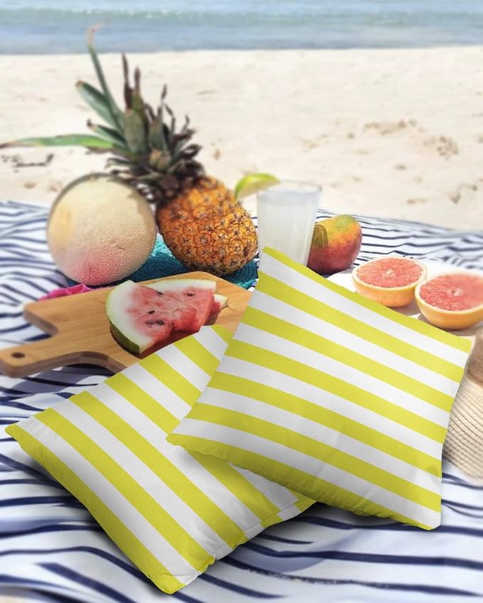 Outdoor Waterproof Pillow Covers for Patio Furniture Yellow and White Stripes Decorative Throw Pillow Cover Solid Striped Pillowcases Set of 2 Cushion Case for Sofa Couch Chair 20 x 20 in
