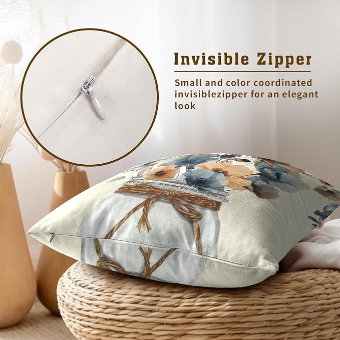 Watercolor Floral Throw Pillow Covers 22x22 Inch Set of 2, Rustic Grey Tan Flowers Decorative Pillowcase Zippered Squre Cushion Cover Farmhouse Decor for Sofa Couch Living Room Outdoor
