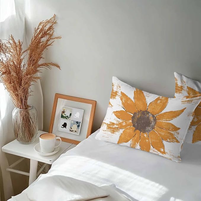 Vandarllin Outdoor Throw Pillows Covers 20x12 inch Set of 2 Waterproof Orange Sunflower Decorative Zippered Cushion Covers for Patio Furniture, Flower Field Lumbar Pillowcases
