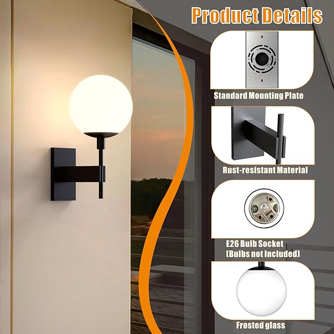 Hyunbae Modern Globe Outdoor Wall Sconce, 18.1" Large Black Porch Lights | E26 Front Porch Light, White Globe Glass Shade, IP65 Waterproof Exterior Lighting Fixtures, Garage Patio Entryway Use