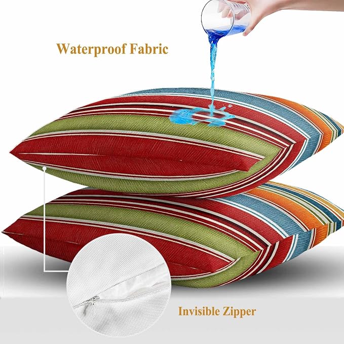 Yukro Color Striped Outdoor Waterproof Pillow Covers Pack of 2, Orange Blue Red Green Stripes Abstract Modern Throw Pillowcases Decorative Cushion Covers for Garden Patio Tent Sofa Couch, 20x20 inch