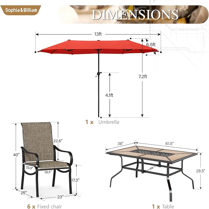 Sophia & William Patio Set with Umbrella Outdoor Dining Set with 13ft Red Umbrella, 6 x Fixed Chairs, 1 Wood Like Patio Table for Lawn Garden Backyard Pool (Umbrella Base Not Included)
