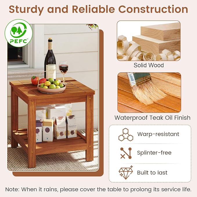 HAPPYGRILL 2-Tier Outdoor Wood Side Table with Storage Shelf, Patio Wooden End Table, Farmhouse Accent Nightstand, for Garden Yard Porch Deck Living Room (1)