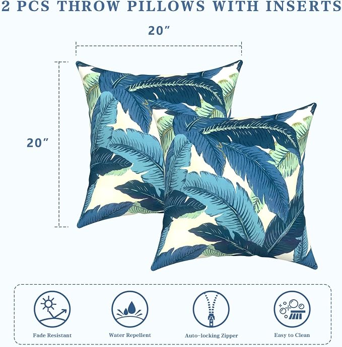 LVTXIII Outdoor Throw Pillows, Decorative Throw Pillows with Inserts, 20"x20" Square Pillows for Bed, Couch, Sofa and Patio Furniture, Set of 2, Swaying Palms Blue