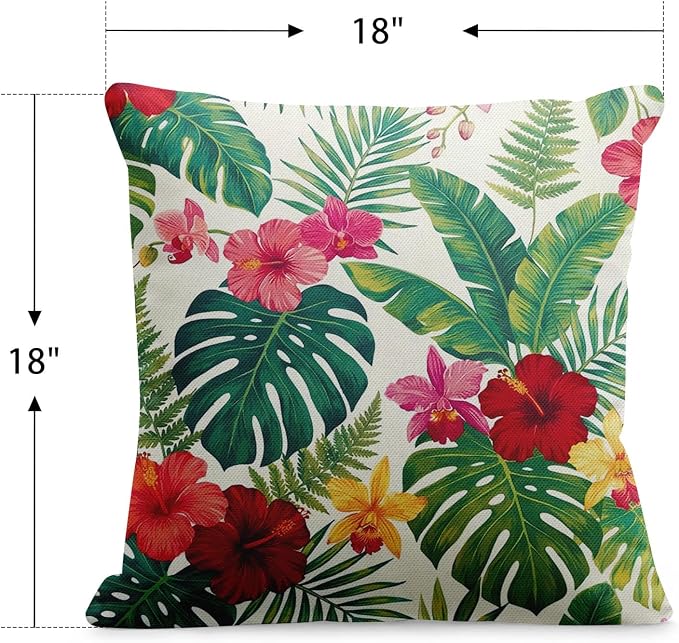 Throw Pillow Covers, Tropical Floral, 18 x 18 Inch, Set of 2 | Hawaiian Botanical Outdoor Waterproof Square Pillowcase Cushion Case Farmhouse Garden Decorative for Couch Beach Patio