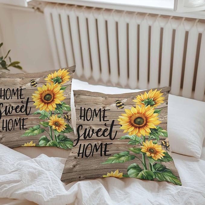 Throw Pillow Covers 18x18 Inch Set of 2, Sunflower Bee Waterproof Outdoor Pillow Covers, Farmhouse Country Wooden Plank Brown Decorative Cushion Pillowcases for Couch, Sofa, Bed, Garden, Patio