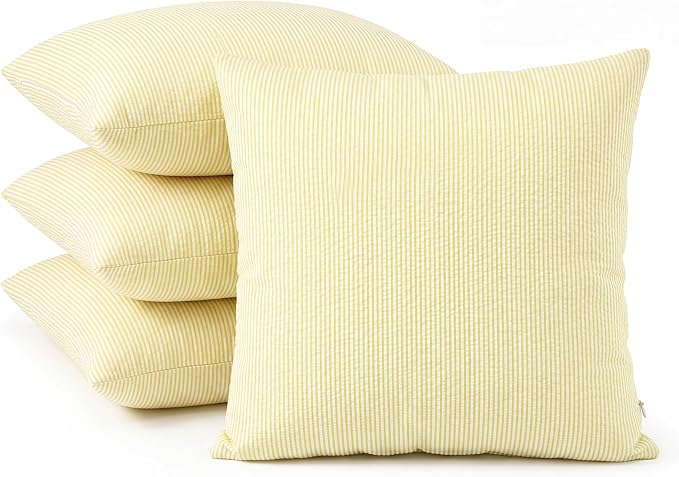 Huhumy Yellow Throw Pillow Cover 18" x 18" for Home Decoration Striped Modern Style Decorative Cushion Covers No Inserts Seersucker Pillow Cover for Living Room, Chair, Bed, Couch, Set of 4