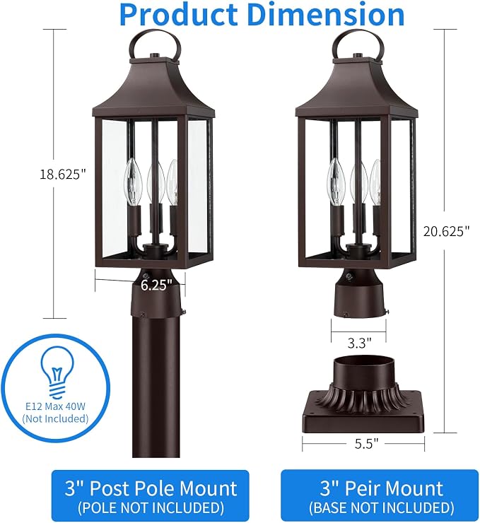 18.62'' Dusk to Dawn Post Light Outdoor, Large 3-Light Lamp Post Light | Modern Pillar Outside Lighting Waterproof Post Lantern Lamp Outdoor Post Light Fixtures Pole Lights for Porch, Brown
