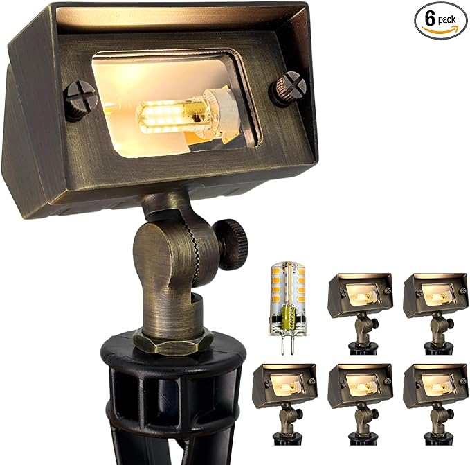 COLOER Brass Small Rectangular Flood Lights Outdoor 6 Pack with 3W 2700K Warm White LED G4 Bulb, 12V Low Voltage Landscape Outside Lights for House Illuminating Signs, Walls and Tree