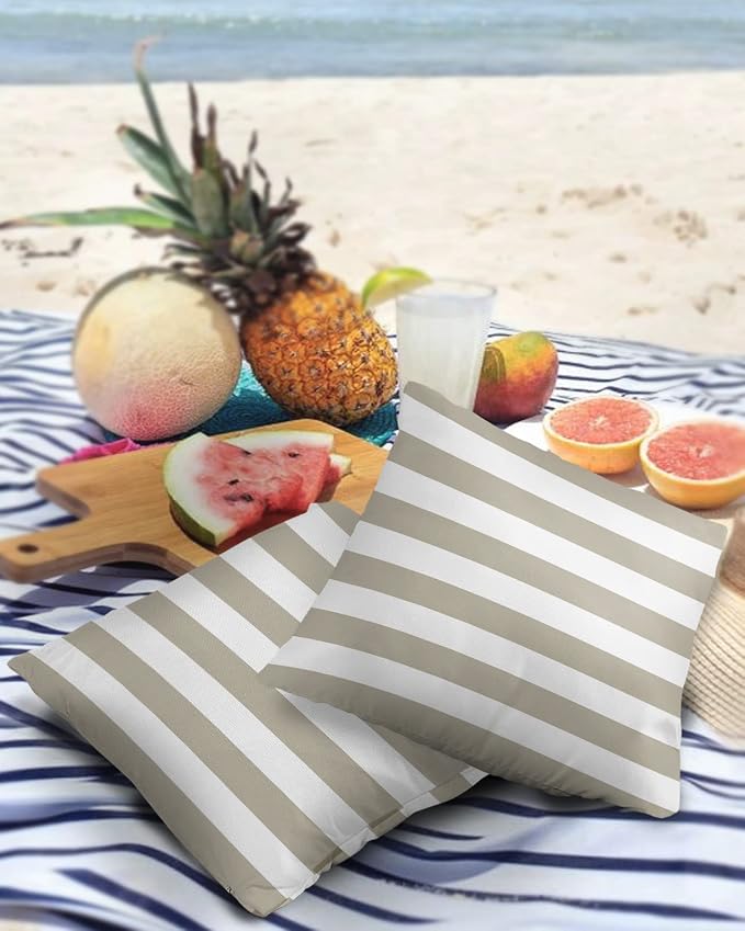 Outdoor Waterproof Pillow Covers for Patio Furniture Solid Striped Decorative Throw Pillow Cover Beige Pillowcases Set of 2 Cushion Case for Sofa Couch Chair Home Decor 26 x 26 Inches