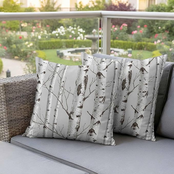 Nature Birch Trees Outdoor Waterproof Pillow Covers Pack of 2, Modern Gray Modern Tree Bark Texture Forest Throw Pillowcases Decorative Cushion Covers for Garden Patio Tent Sofa Couch, 20x20 inch