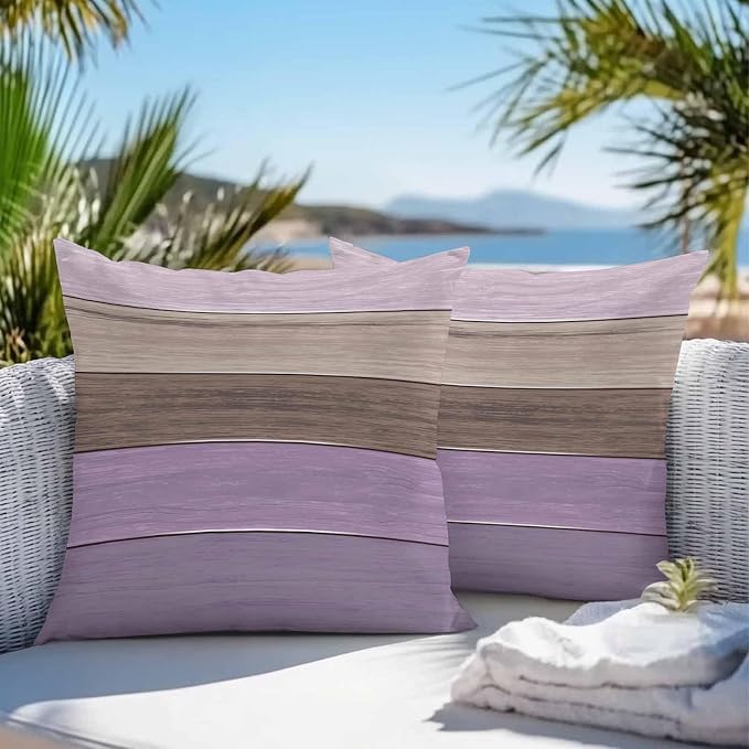 Outdoor Throw Pillow Covers 24X24 Set of 2 Waterproof Ombre Lavender Purple Brown Decorative Zippered Cushion Covers for Patio Furniture, Farmhouse Retro Rustic Barn Wood Texture Lumbar Pillowcases