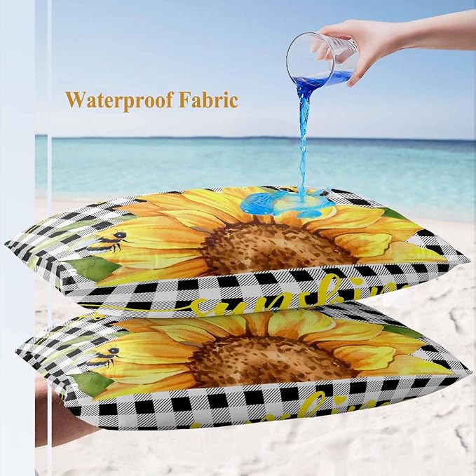 Farm Outdoor Pillow Covers Set of 2,Watercolor Sunflowers Honeybee Decorative Waterproof Throw Pillowcase Yellow Flower Black White Plaid Cotton Linen Soft Cozy Cushion Cover Pillowsham 20x12In