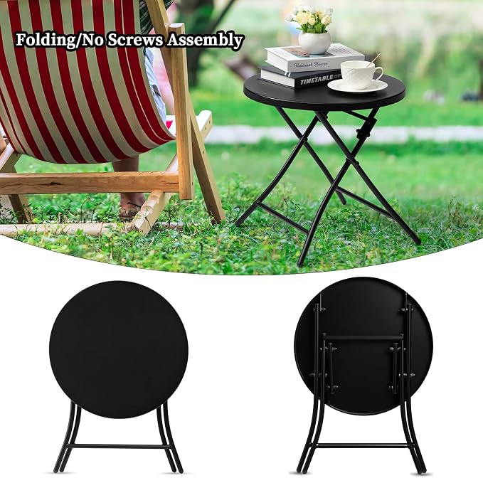 Outdoor Side Table, Folding Round Metal End Table, Weather Resistant Small Patio Accent Table for Porch Yard Balcony Deck (All Black)