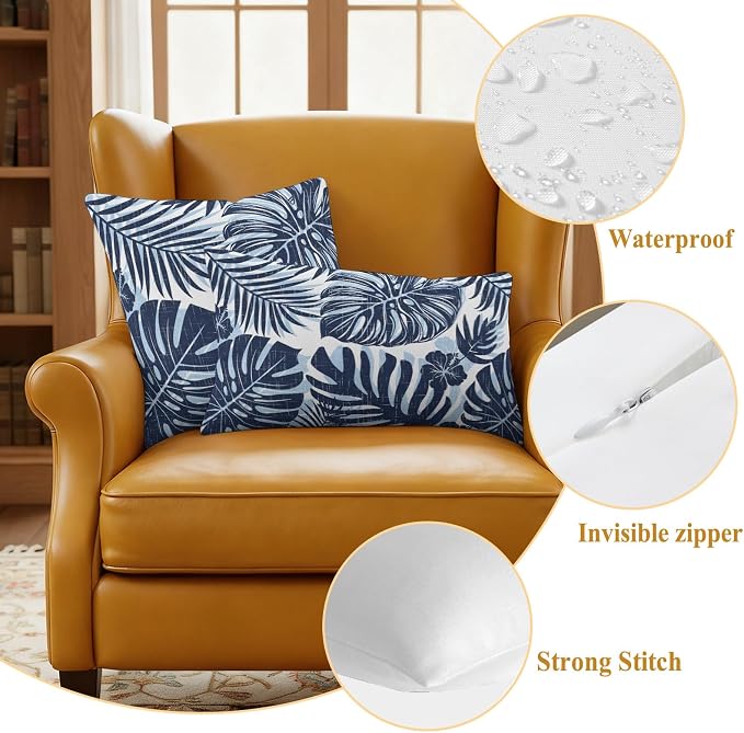 Navy Blue Palm Leaves Outdoor Pillow Covers 26"x26" Set of 2, Tropical Botanical Minimalist Modern Waterproof Throw Pillow Covers for Patio Furniture, Decorative Cushion Covers for Porch