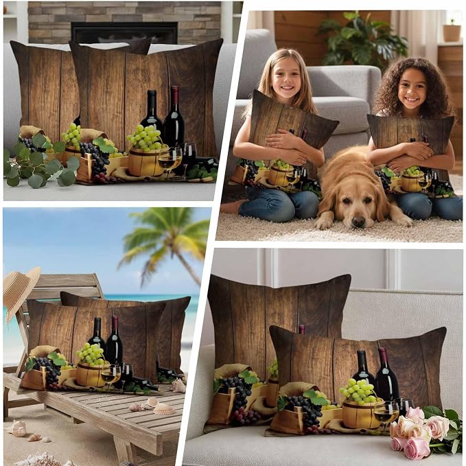 Outdoor Pillow Covers 20 x 20 Inches, Red Wines Waterproof Throw Pillow Cover Set of 2, Champagne Grapes Galsses Country Wooden Plank Decorative Square Cushion Covers for Patio/Couch/Garden