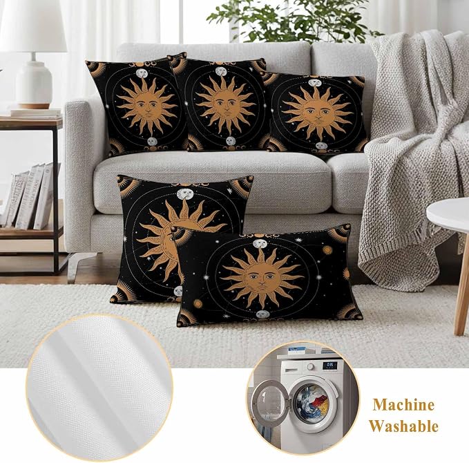 Celestial Sun and Moon Waterproof Outdoor Pillow Covers Set of 2 Home Decor, Black Sky Gold Star Boho Pillowcase Patio Pillow Covers for Couch Bench Patio Furniture Garden 24x24in