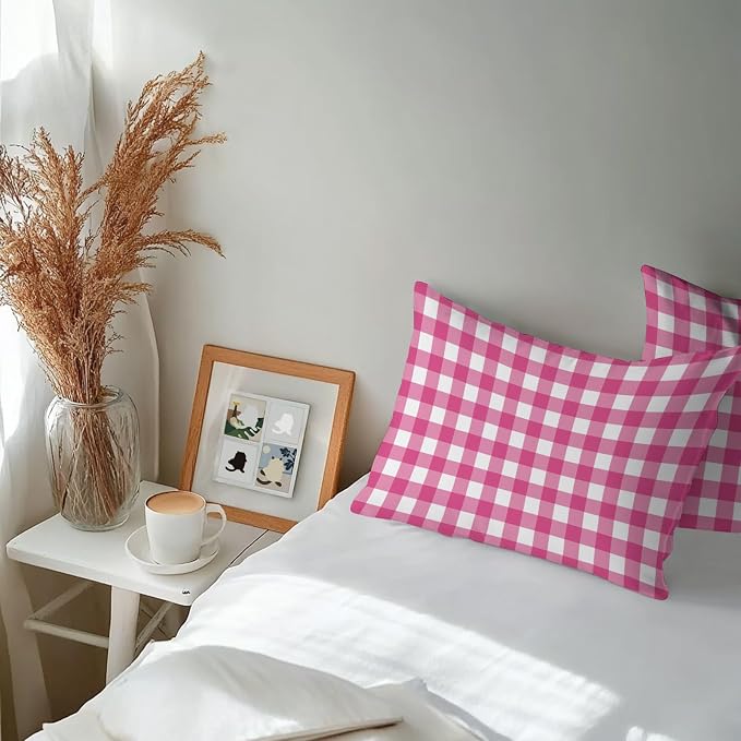 Hot Pink Checks Outdoor Pillow Covers 20"x12" Set of 2, Gingham Plaid Abstract Modern Minimalist Waterproof Throw Pillow Covers for Patio Furniture, Decorative Cushion Covers for Porch