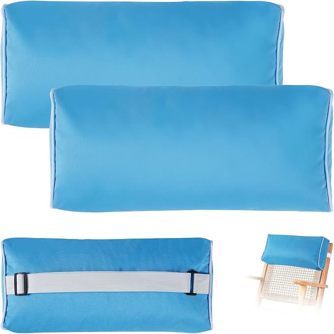 2 Pack Outdoor Chaise Lounge Head Pillow, Patio Pool Chair Pillows Water Resistant Headrest Pillow Lumbar Pillows with Insert and Adjustable Elastic Strap for Recliner Beach Chair, Blue