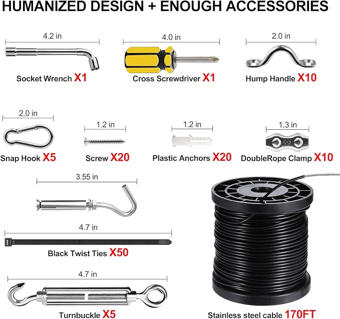 BLIKA String Light Hanging Kits, 170FT Coated Stainless Steel 304 Wire Rope | Outdoor Light Guide Wire, Globe String Light Suspension Kit Included Turnbuckles, Enough Accessories, Use Manual