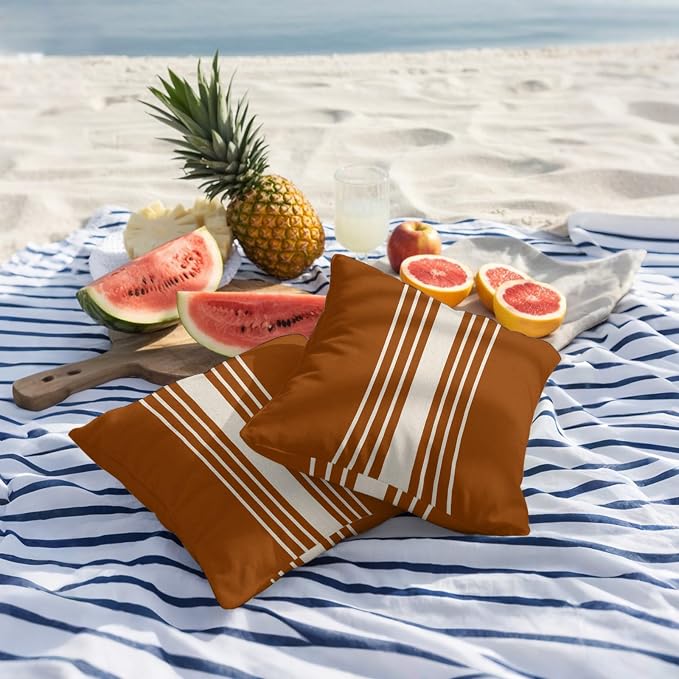 Burnt Orange Beige Striped Outdoor Pillow Covers 24x24 Inch Throw Pillow Covers Set of 2 Waterproof Decorative Pillow Cases Modern Farmhouse Retro Lines Cushion Covers for Patio Furniture Garden Couch
