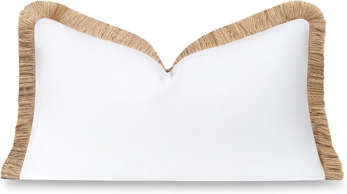 Hofdeco Premium Coastal Hampton Patio Indoor Outdoor Lumbar Pillow Cover Only, 12"x20" Water Repellent for Backyard, Couch, Poolside, White Neutral Tan Solid
