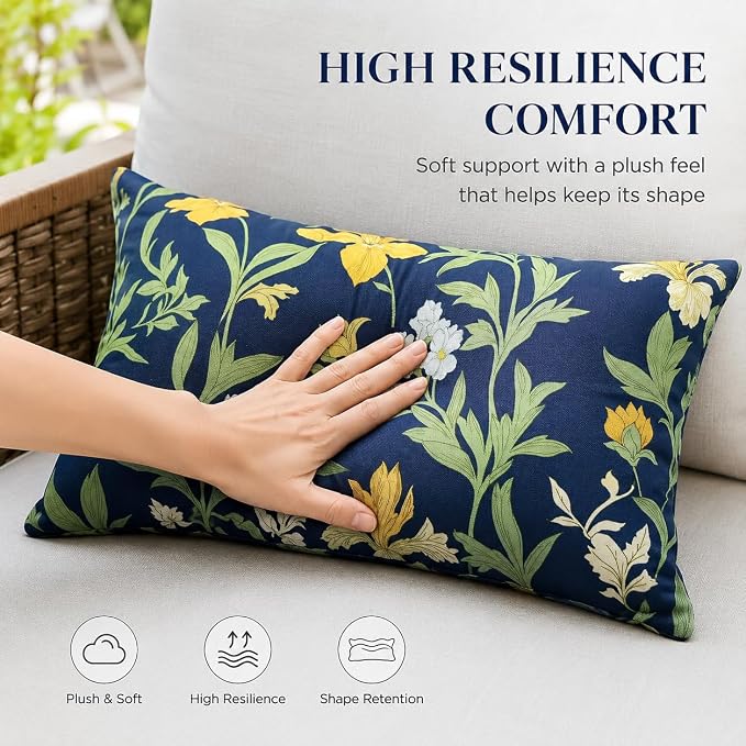 Pack of 2 Patio Lumbar Pillows 12"x20" | Fade Resistant Outdoor Waterproof Lumbar Pillow with Inners Decorative Garden Lumbar Cushions for Home Patio Terrace Sofa