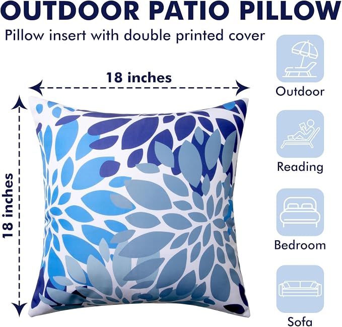 18x18 Waterproof Outdoor Pillows, Set of 2 Outdoor Throw Pillows | Patio Furniture Pillows, Fluffy Decorative Pillows, Waterproof &Fade Resistant, Removable & Washable, Dark Blue
