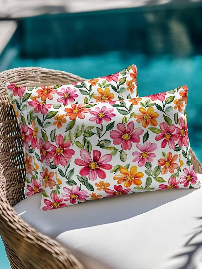 Outdoor Waterproof Throw Pillows Spring Watercolor Wild Flower Patio Pillows Pack of 2,Decorative Pillow Covers with Insert,Pillow Cushion Case for Garden Couch Sofa Country Small Pink Flower