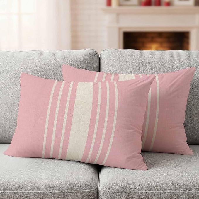 Lumbar Pillow Covers 20x12 Inch Set of 2, Pink Beige Striped Waterproof Outdoor Cushion Covers, Modern Farmhouse Retro Lines Decorative Pillowcases for Couch, Sofa, Bed, Garden, Patio