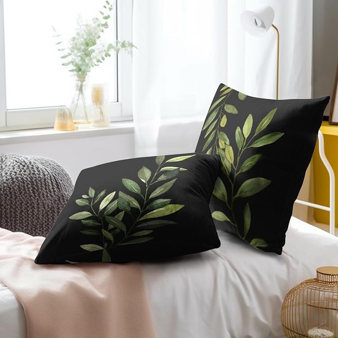 Green Leaf Throw Pillow Covers Set of 2, 20x20 Inch Spring Plants Leaves Rustic Print Black Square Pillowcases for Living Room Bedroom Sofa Couch Patio Outdoor Home Decor