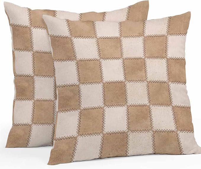 Brown Beige Checkered Outdoor Pillow Covers 26x26 Inch Throw Pillow Covers Set of 2 Waterproof Decorative Pillow Cases Modern Farmhouse Plaid Burlap Cushion Covers for Patio Furniture Garden Couch